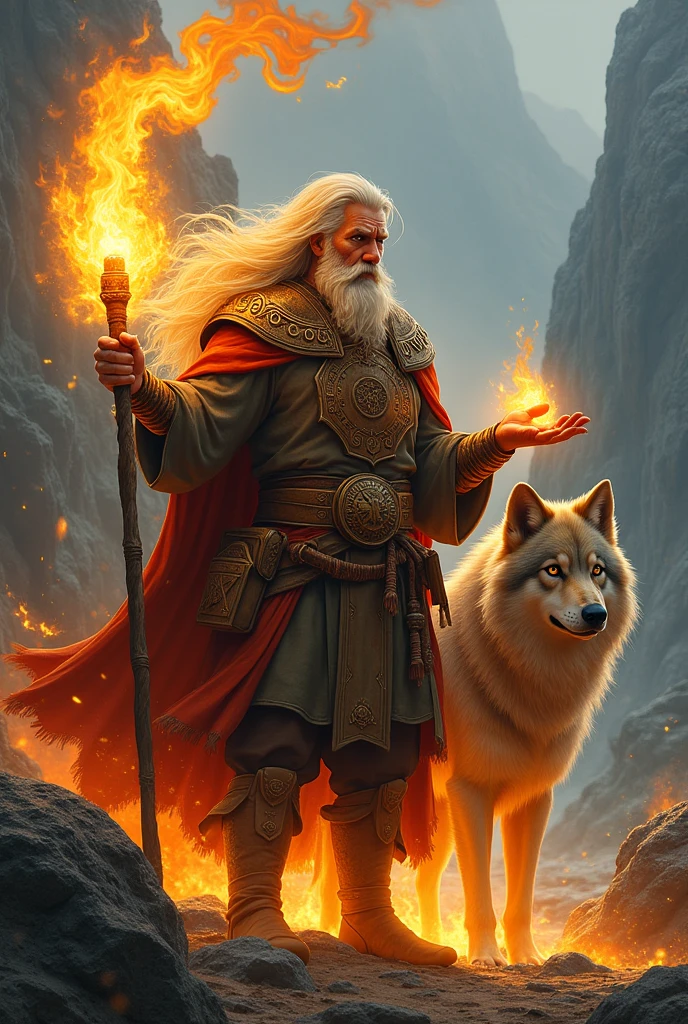 Druide Aasminar homme aux cheveux blond et aux yeux dorées du feu sauvage utilisant du feu avec un chienloup sur le thème viking