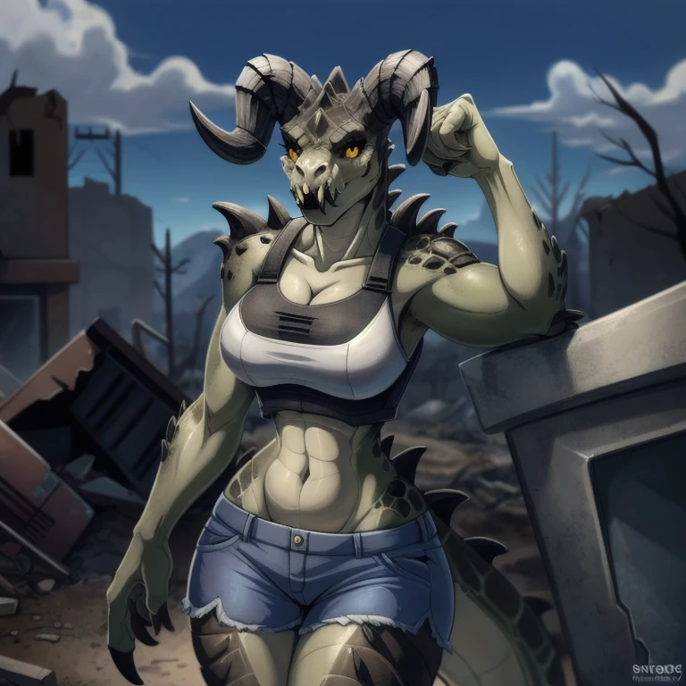 Solo, score_9,score_8_up,score_7_up, source_anime, aegis, kemono style, aegis, Anthro reptile girl, snout, green scaled skin, yellow eyes, black lips, black ram horns, tail, black lips, tall, Anthro deathclaw from fallout, deathclaw girl, (best quality), (4k), bulletproof vest, holding a rusty gun, blue shorts, in a ruined city, looking at viewer, 