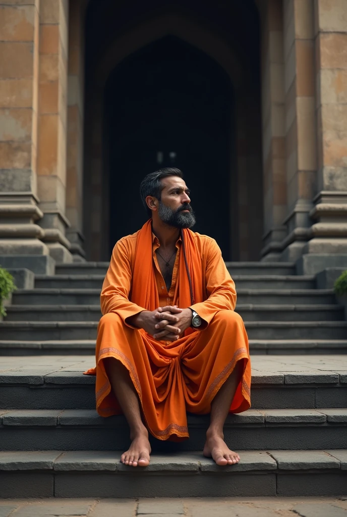 A man sit on a building front dark stair with orange panjabi