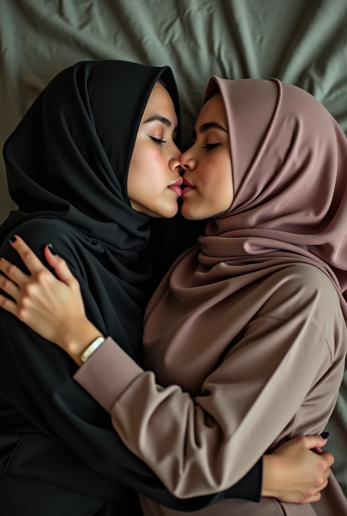 beautiful hijab indonesian lesbian girl laying down,hugging,french kiss,breast grope,view from far,,raining,juge breast