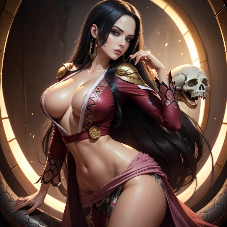 (((masterpiece+best quality+high resolution+ultra-detailed))), foto de corpo inteiro, Full body photo from head to toe, pose de mode sexy, boa hancock, long silky black hair, high nose, sharp looking eyes, noble and inviolable temperament, (([Female One]: 1.2 + [Beauthfull]: 1.2 + hair long black: 1.2)), background snake_skull, Breasts huge, glare eyes, Dynamic angle and posture.