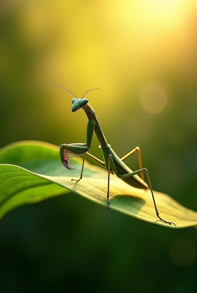 Create a logo for the visual identity of a visual communication company using a mantis perched on a leaf as a base., who is receiving Luiz from the sun, with a little shade!