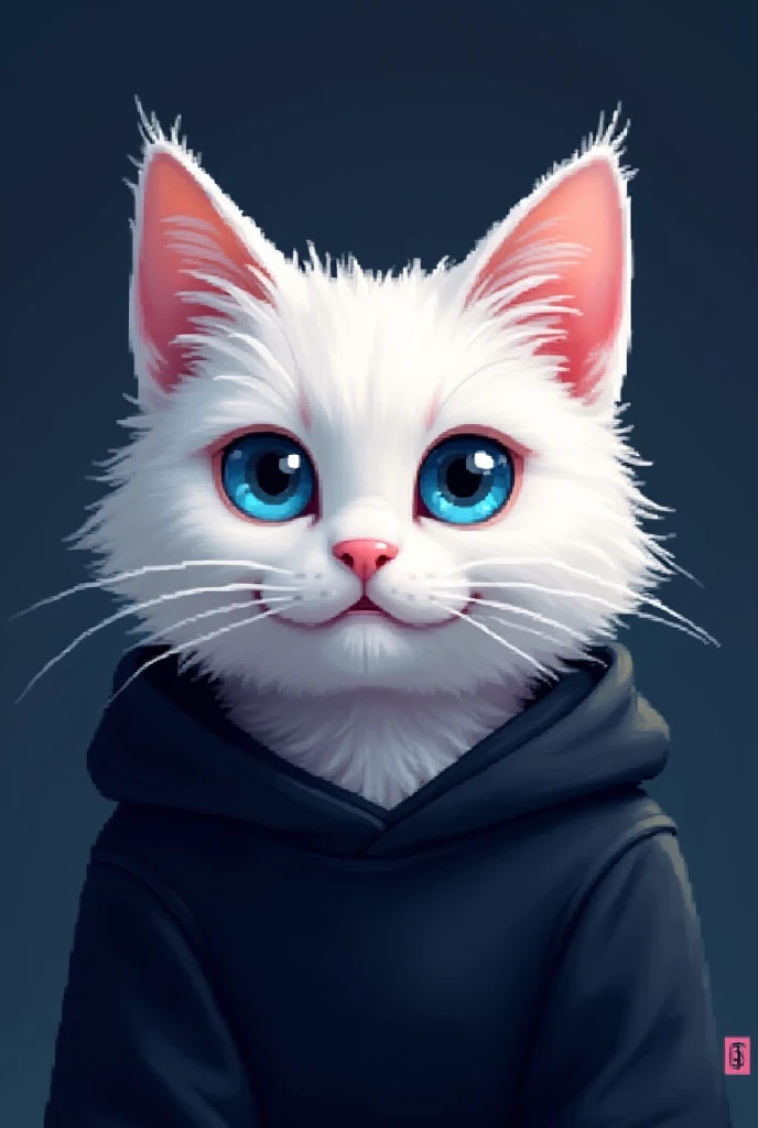 White cat with blue eyes in a black sweatshirt making a face on a dark blue background half of the body (pixelart)