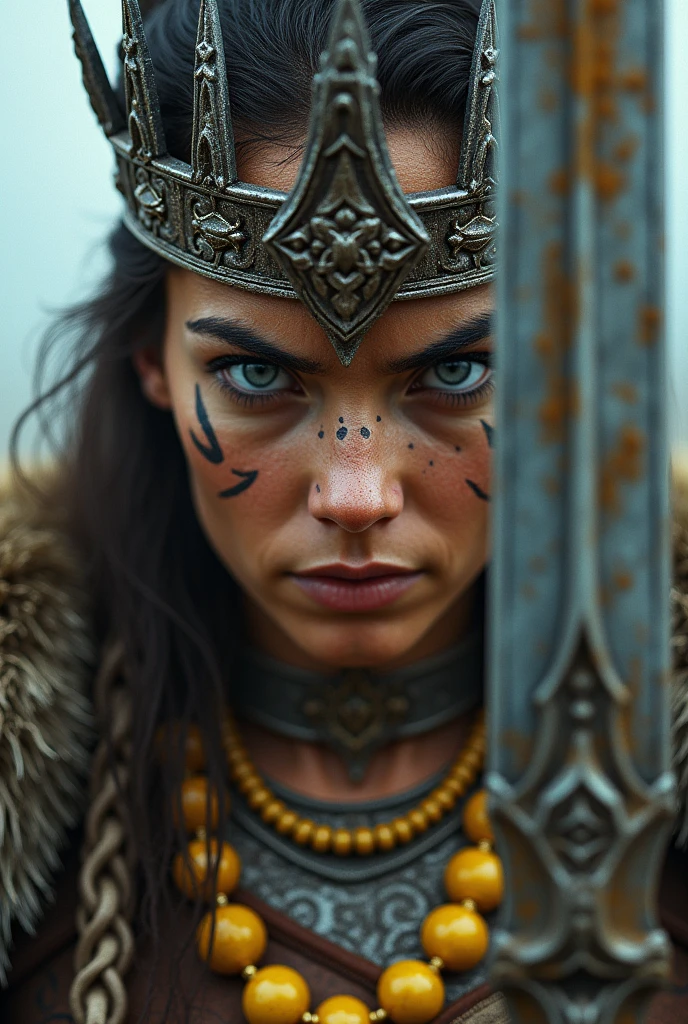 Close up viking warrior with sword in hand, Woman, blue eye, sword next to the face, large crown on head , yellow stone necklace around the neck,  painted face, Angry