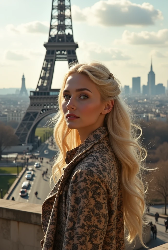 a woman with long hair, blonde, honey eyes, in Paris at the Eiffel Tower, dressed in ultra realistic 4K Paris themed clothing