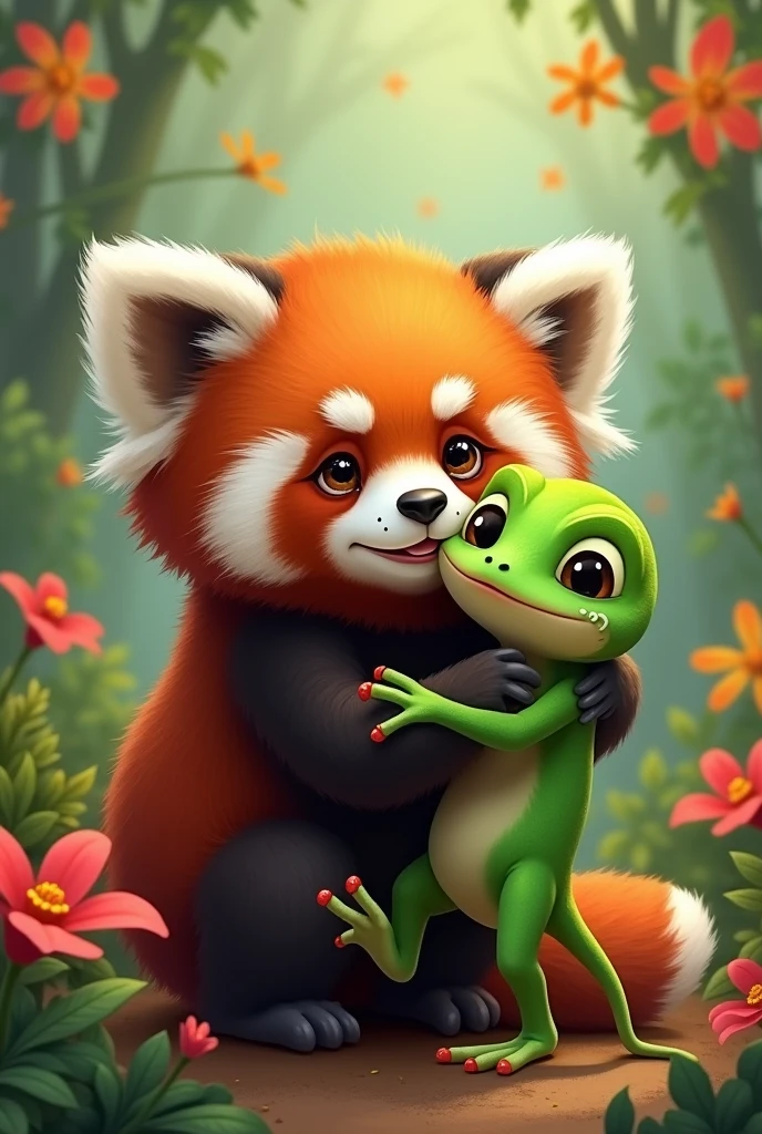 Red panda hug a gecko because of Birthday