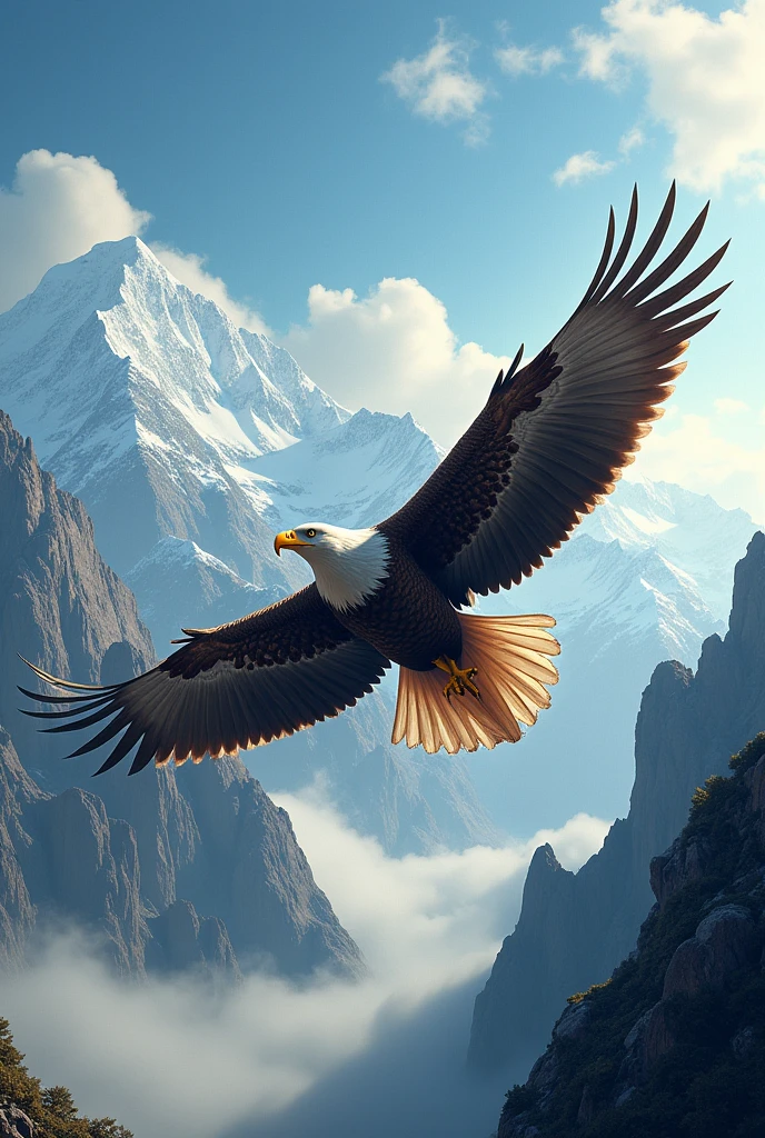 Show an eagle, who flies through the skies in the mountains