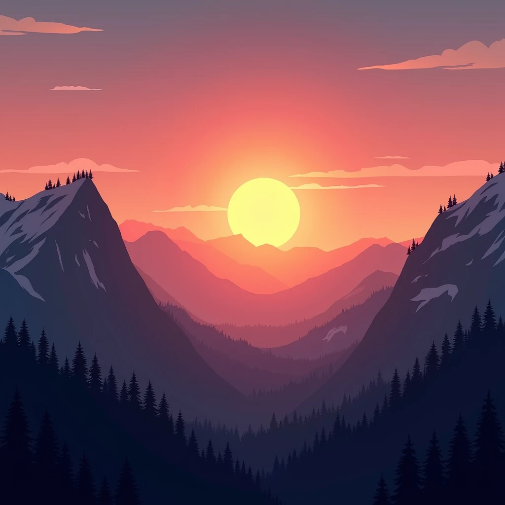 Sky at dusk, with the pink and orange sunset, the sun appearing in orange yellow and a mountain range below, darkened by shadow and full of forest, with realistic mode