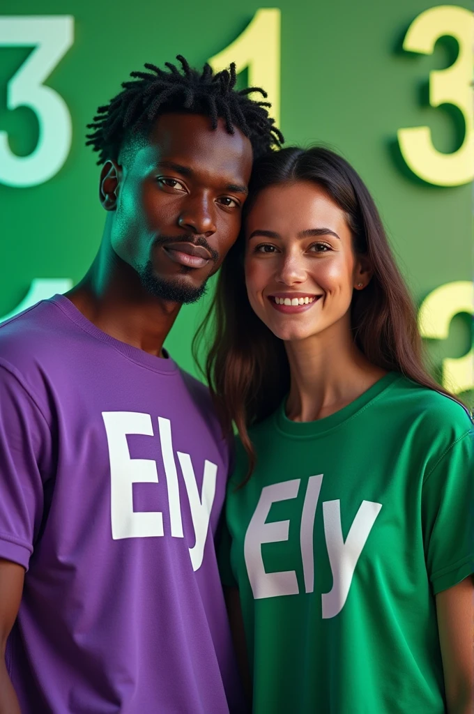 Create image of man and woman with diversity with green and purple colors wearing shirt with name Ely and background with number 33133 