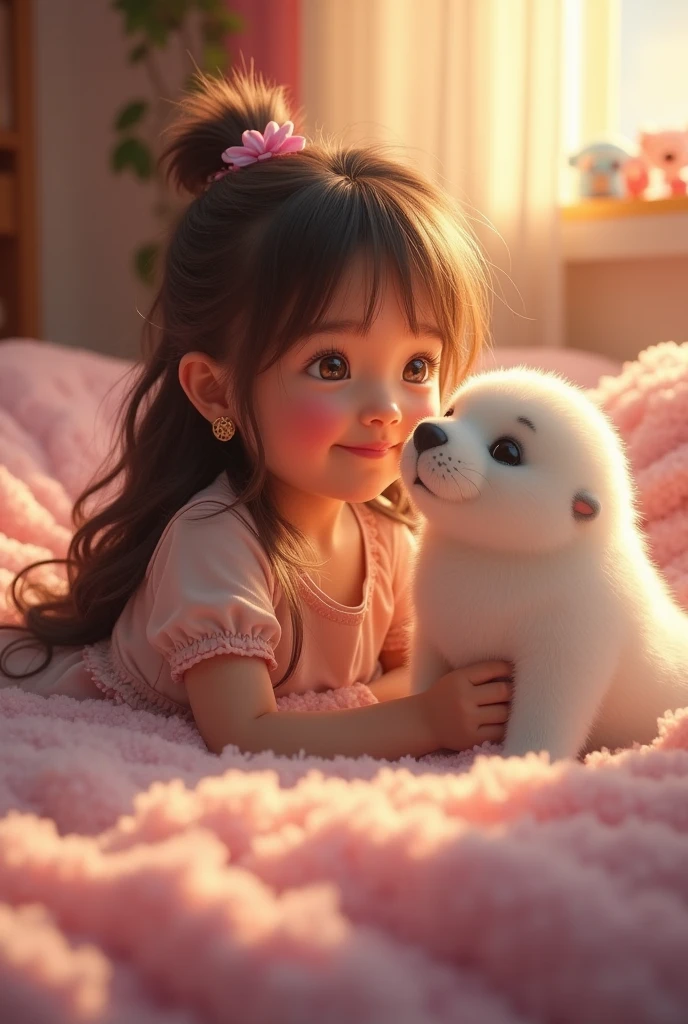 A girl playing with a beautiful fluffy seal, happiness, happiness offers, Idyllic, Magical Scene, beautiful room , (Highest quality, 4K, 8k, High resolution, masterpiece:1.2), Super detailed, (Realist, photoRealist, fotorRealista:1.37), Warm lighting, Vibrant colors, Soft Focus, fairy tale, Dreamer, comfortable, Adorable, beautiful, Whimsical, elegant, Charm, Sereno, peaceful, Innocent, Duvet, Imaginative