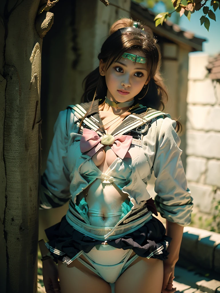 (masterpiece, Highest quality:1.4), (whole body:1.5), (Are standing), One person, alone, Ham Jupiter, (Green Eyes:1.2), ponytail, (tiara:1.2), jewelry, (Sailor Warrior Uniform:1.5), Green sailor collar, choker, Elbow hand pockets, White gloves, Pink ribbon, brooch, White leotard, Green Skirt, Pleated skirt:1), Beautiful Face, Highly detailed face, Highly detailed eyes, Highly detailed skin, Skin pores, Scattered beneath the surface, Realistic pupils, Mid-chest, Sexy smile, Blush all over face, Fuller lips, Cherry blossom tree background, Scattered beneath the surface, Detailed Background, Depth of written boundary, Volumetric lighting, Sharp focus, Absurd, Realistic proportions, Excellent anatomy, (Realistic, hyperRealistic:1.4), 16k hdr,