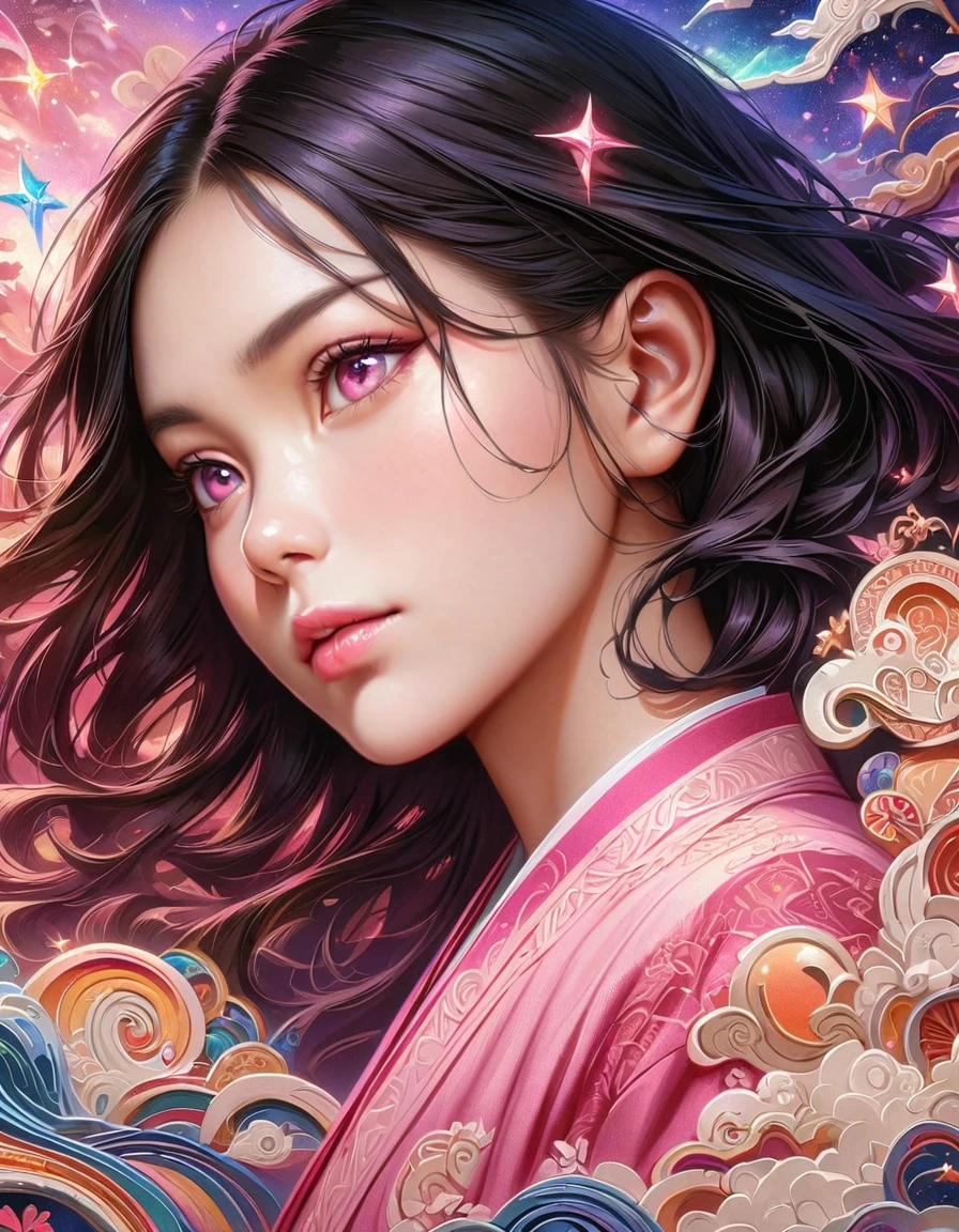 (masterpiece, best quality:1.2), Embossed paper, Solitary,Black LightNezuko from demon slayer. a young woman with long dark hair, (pink eyes), beautiful detailed eyes, beautiful detailed lips, extremely detailed face, longeyelashes, wearing a pink kimono, (best quality,4k,8k,highres,masterpiece:1.2),ultra-detailed,(realistic,photorealistic,photo-realistic:1.37),digital painting,exquisite detail,intricate details,highly detailed,vivid colors,warm lighting,cinematic lighting,dramatic lighting, iridescence, dramatic angle, space, (floating colorful sparkles:1.3), Dramatic Lighting, Chiaroscuro, Evocative Depth, Face Portrait, Close up, ulzzang,
