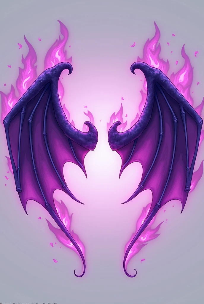 make demon wings with purple flame aura and make the graphics like cartoon , without human, just the demon wings with plain background and make the position horizontally