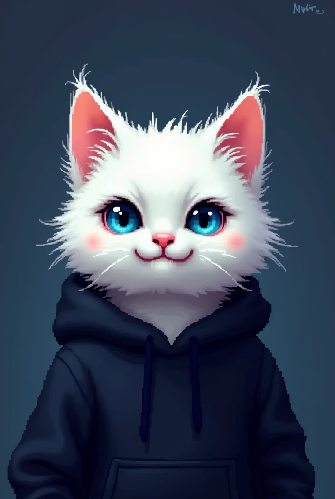 White cat with blue eyes in a black sweatshirt making a face on a dark blue background half of the body (pixelart)