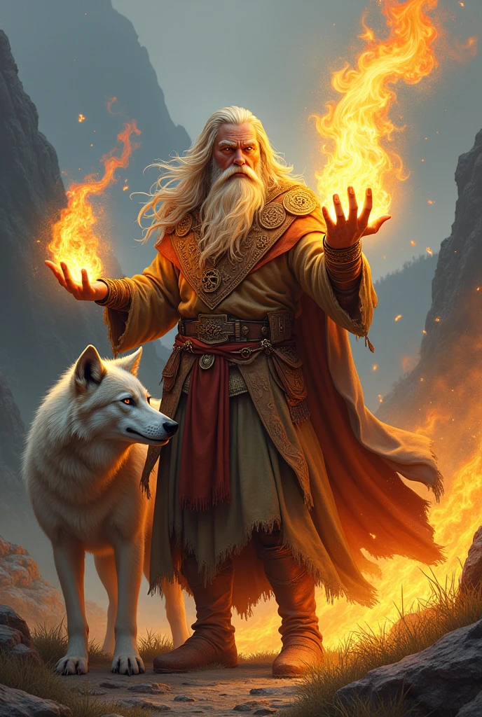 Druide Aasminar homme aux cheveux blond et aux yeux dorées du feu sauvage utilisant du feu avec un chienloup sur le thème viking
