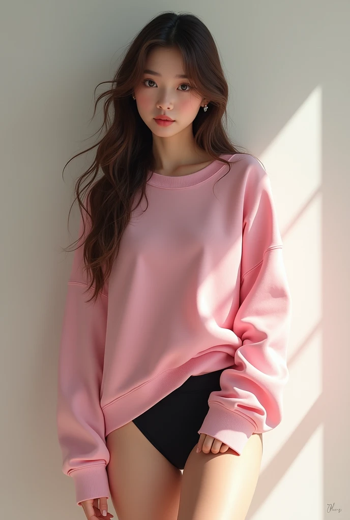 a beautiful girl wearing a pink oversized sweatshirt and black panties