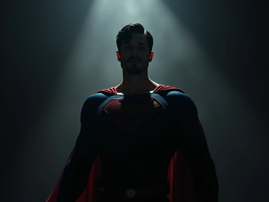 male character, dark, looking forward, just silhouette, hair like Superman, no mask, looking front