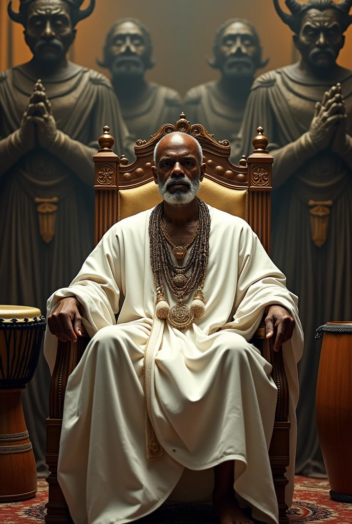 A middle-aged black man without a beard, calvo, with white candomblé clothes, with several candomblé necklaces around his neck, sitting in a large chair with legs crossed. There are 2 drums on your left side and on your right side are several 1 meter tall statues of demons..
