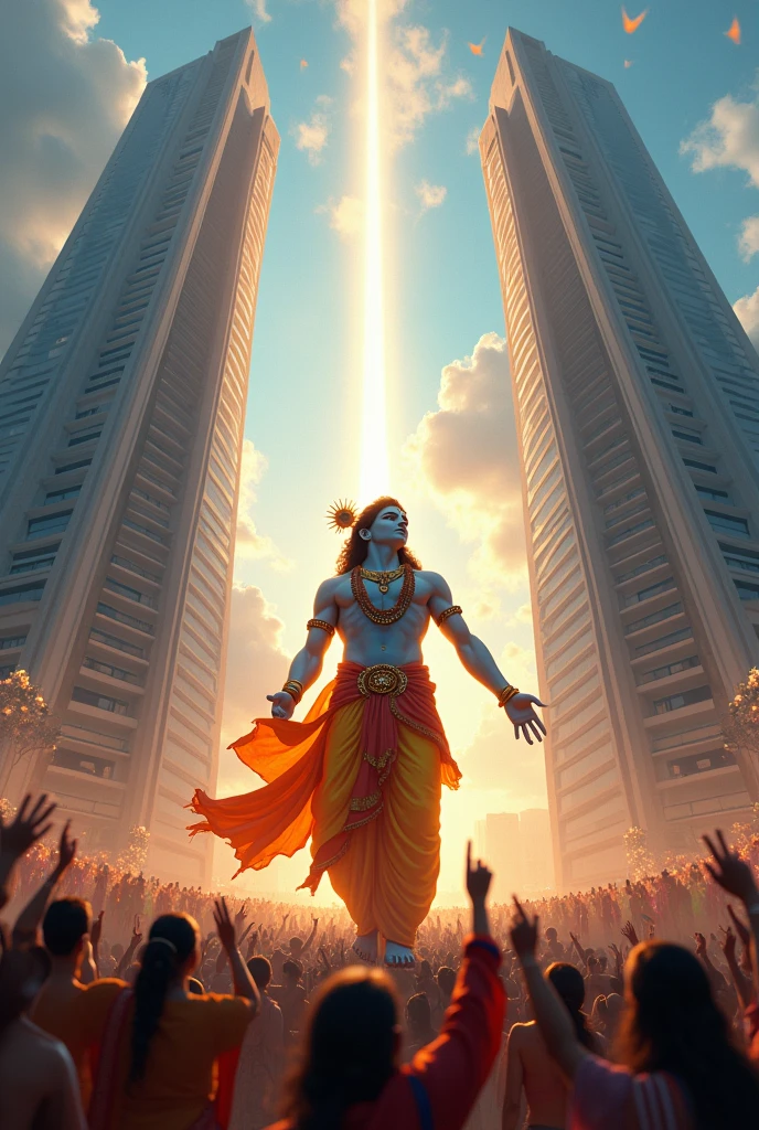 2 28 storey buildings with huge lord krishna in the background looking down with joy and happiness. And a huge group of people dancing and celebrating in joy