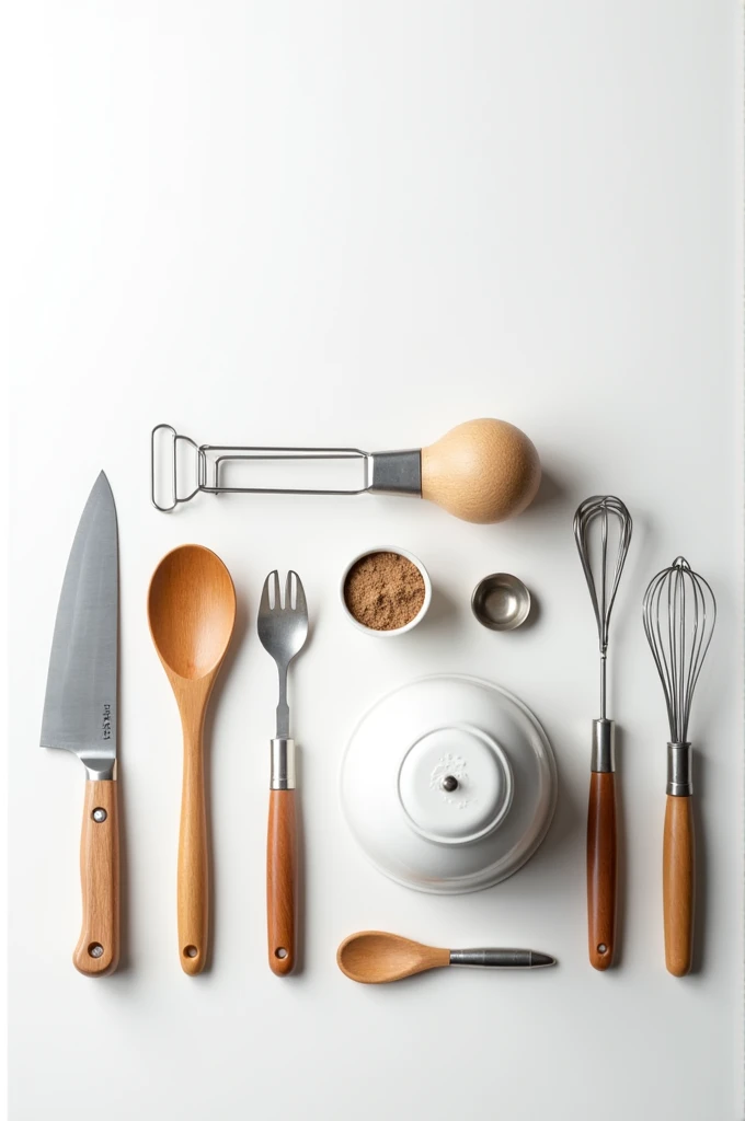 Kitchen supplies with white background on a table infront