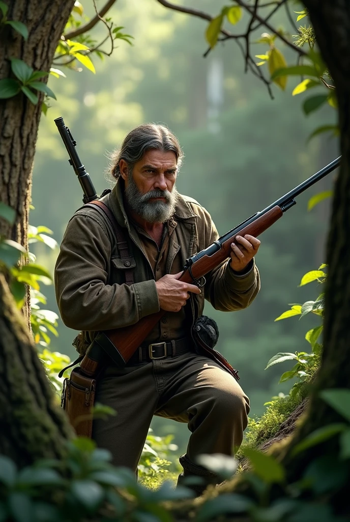 a man hunter in leather clothes with a rifle
