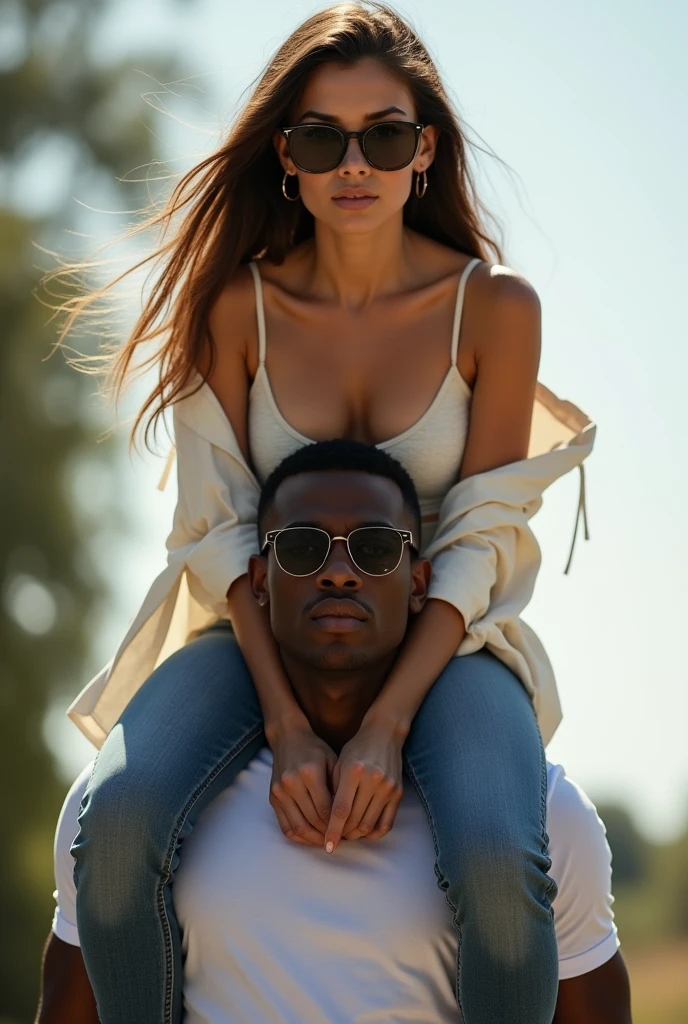 Create a photo of a 20 year old young woman, with a slender and beautiful body, wearing jeans and an open white shirt without a bra with white and fair skin, with long brown hair and wearing sunglasses being carried on the shoulders of a teenage boy ,Scrawny, homely, short man who has dark black skin and is wearing a white shirt and jeans and glasses