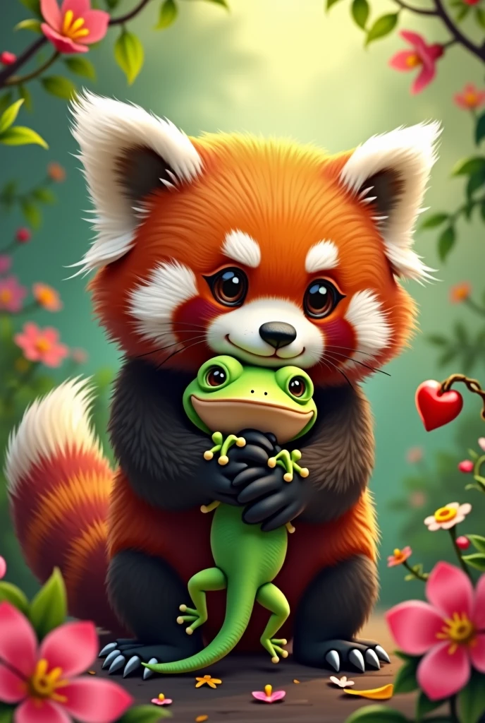 Red panda hug a gecko because of Birthday