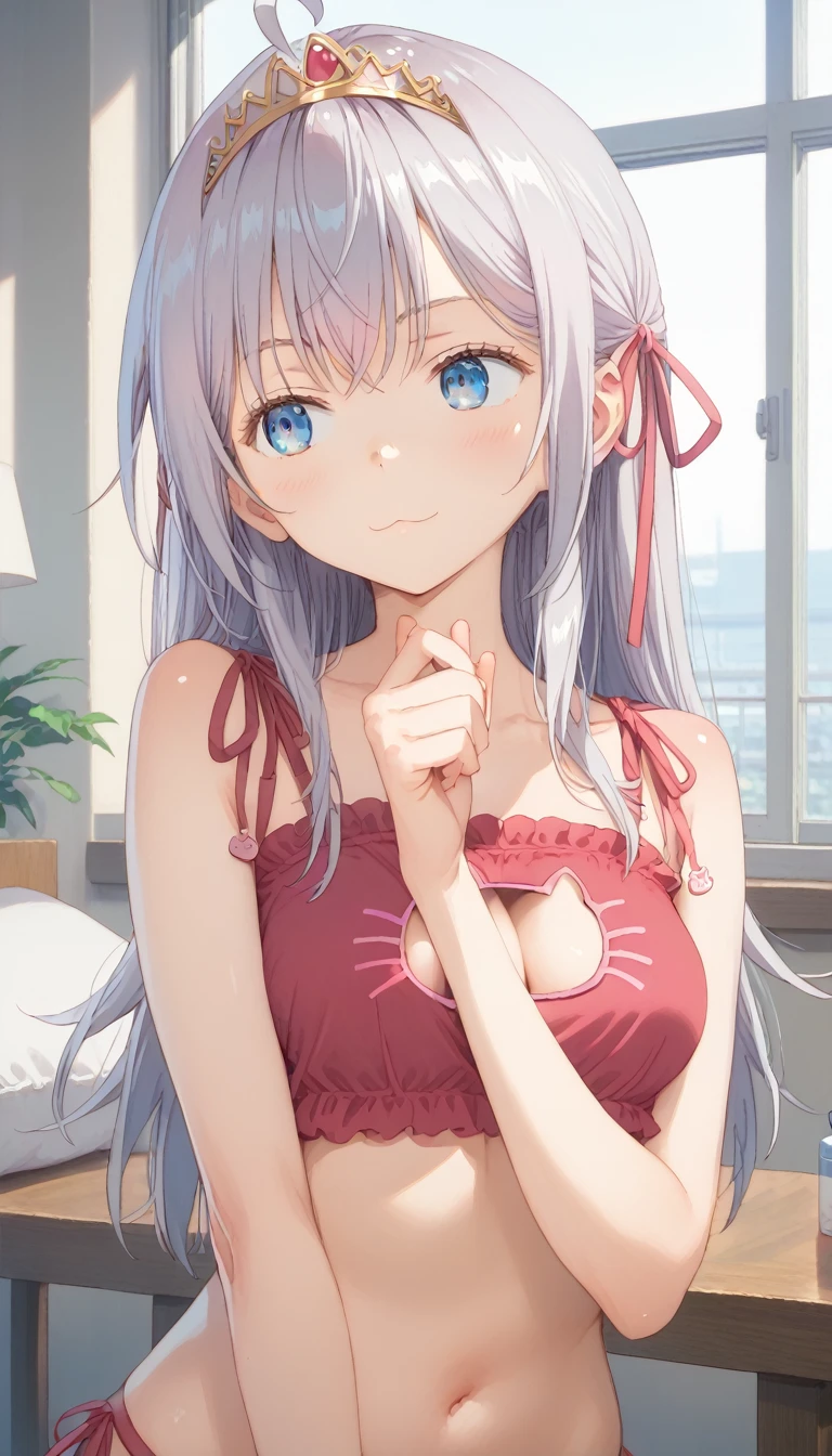 score_9, score_8_up, score_7_up, source_anime, masterpiece, absurdres, medium breasts, perfect face, 1girl, cute expression, amused, smiling, background: bedroom, alisamikhailovna, alisamikhailovna kujou, long hair, bangs, blue eyes, tiara, ahoge, gray hair, red ribbon, (cat lingerie:1.1), (red lingerie:1.1)