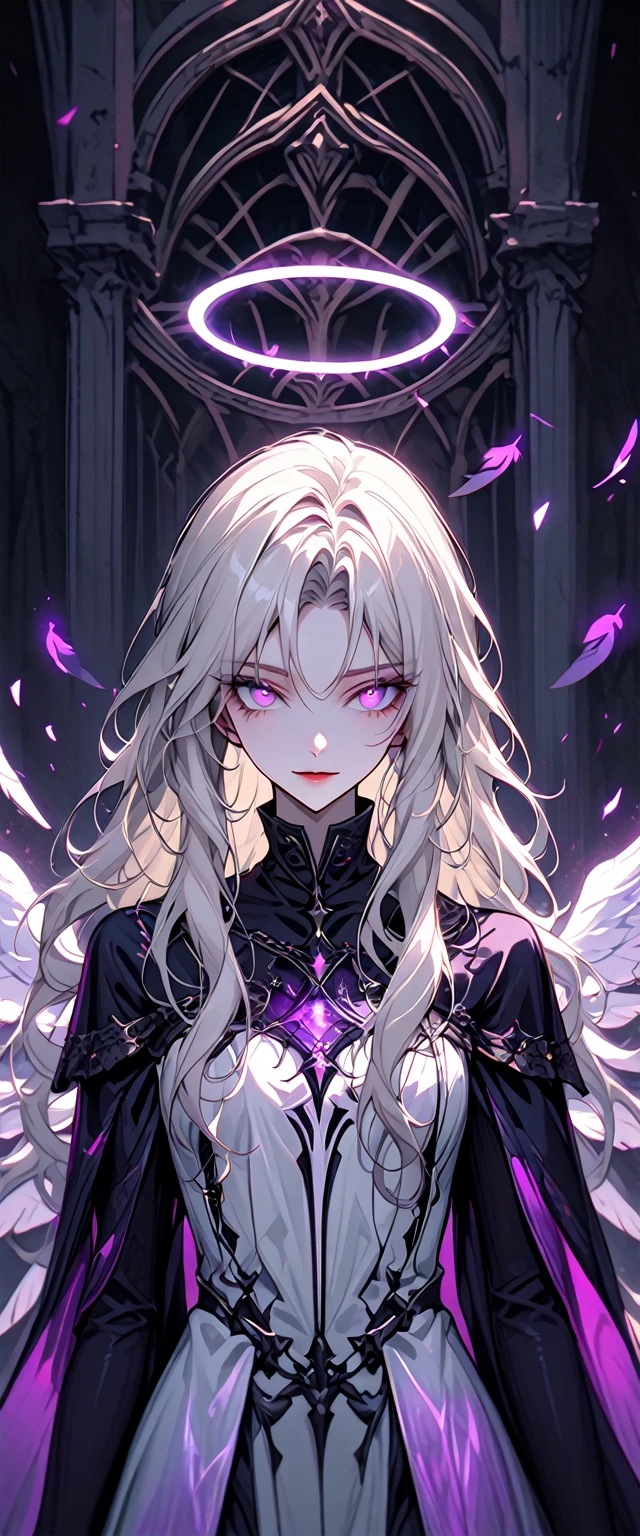 solo, female, close up, ethereal beauty, haunting mystery, celestial being known as a seraph, long hair, platinum blonde hair, wavy hair, shimmering hair, glowing hair, vibrant violet eyes, fair skin, almost translucent skin, elegant, graceful, slender build, commands respect and attention, large feathered wings, delicate wings, iridescent feathers, gentle smile, medieval, dark, divining magic, white glowing halo, fallen angel