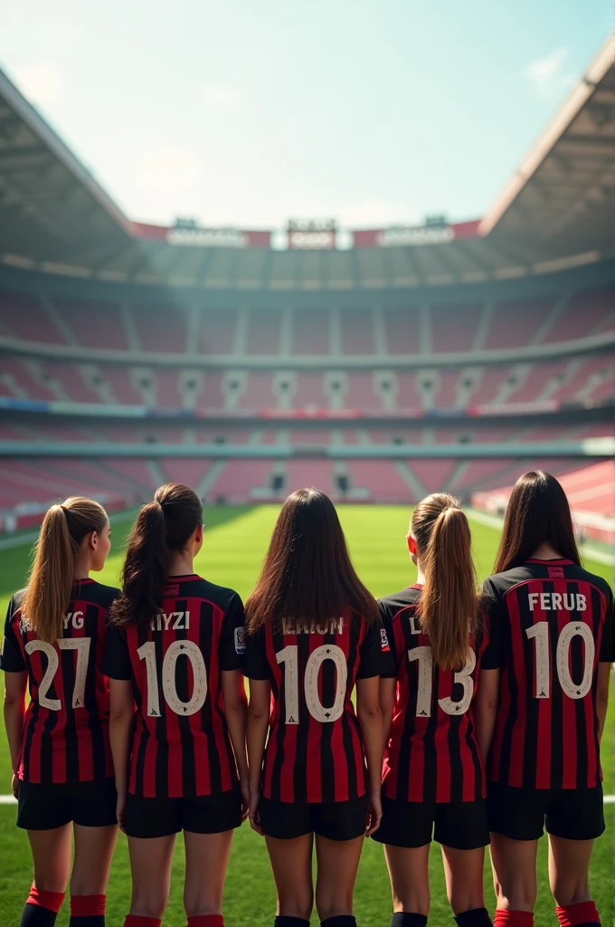 Generate me an image of a group of people from behind consisting girls with the names of Aziza, Dilnavoz, Laylo, Charos, Sabina, Nigina and Moxina written their names on their shirts and boys with names of Lazik, Feruz, Sardor, Alijon and Oybek wearing AC Milan shirts with different numbers and their name written on it standing on San Siro.