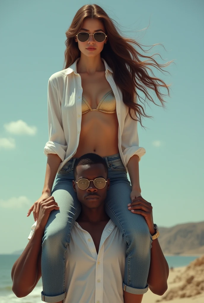 Create a photo of a 20 year old young woman, with a slender and beautiful body, wearing jeans and an open white shirt without a bra with white and fair skin, with long brown hair and wearing sunglasses being carried on the shoulders of a teenage boy ,Scrawny, homely, short man who has dark black skin and is wearing a white shirt and jeans and glasses