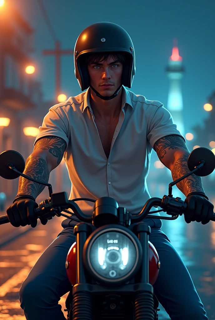 Twenty year old boy, grey eyes with a white shirt and blue pants, sitting on a motorcycle with a helmet on his head making it so that only his eyes can be seen and he has gloves on, Arms full of tattoos, It is half turned and you can see its profile, His expression is relaxed, He has a cocky smile, It is nighttime, the colors are yellow and orange and you can see some lighthouses in the background, half animated 