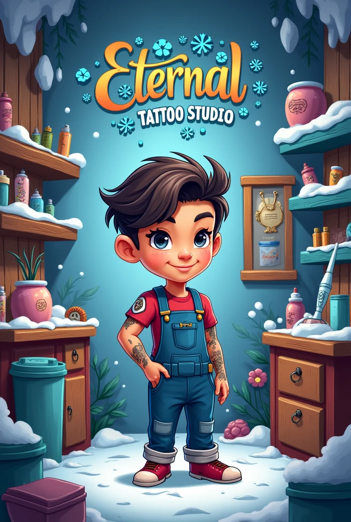 Tattoo Studio name is Eternal, Tattoo Artic name is Zan,Tattoo Studio room background in studio name and artic name, Cartoon tattoos studio , tattoos accessories , tattoos artic is boy, Artic name 