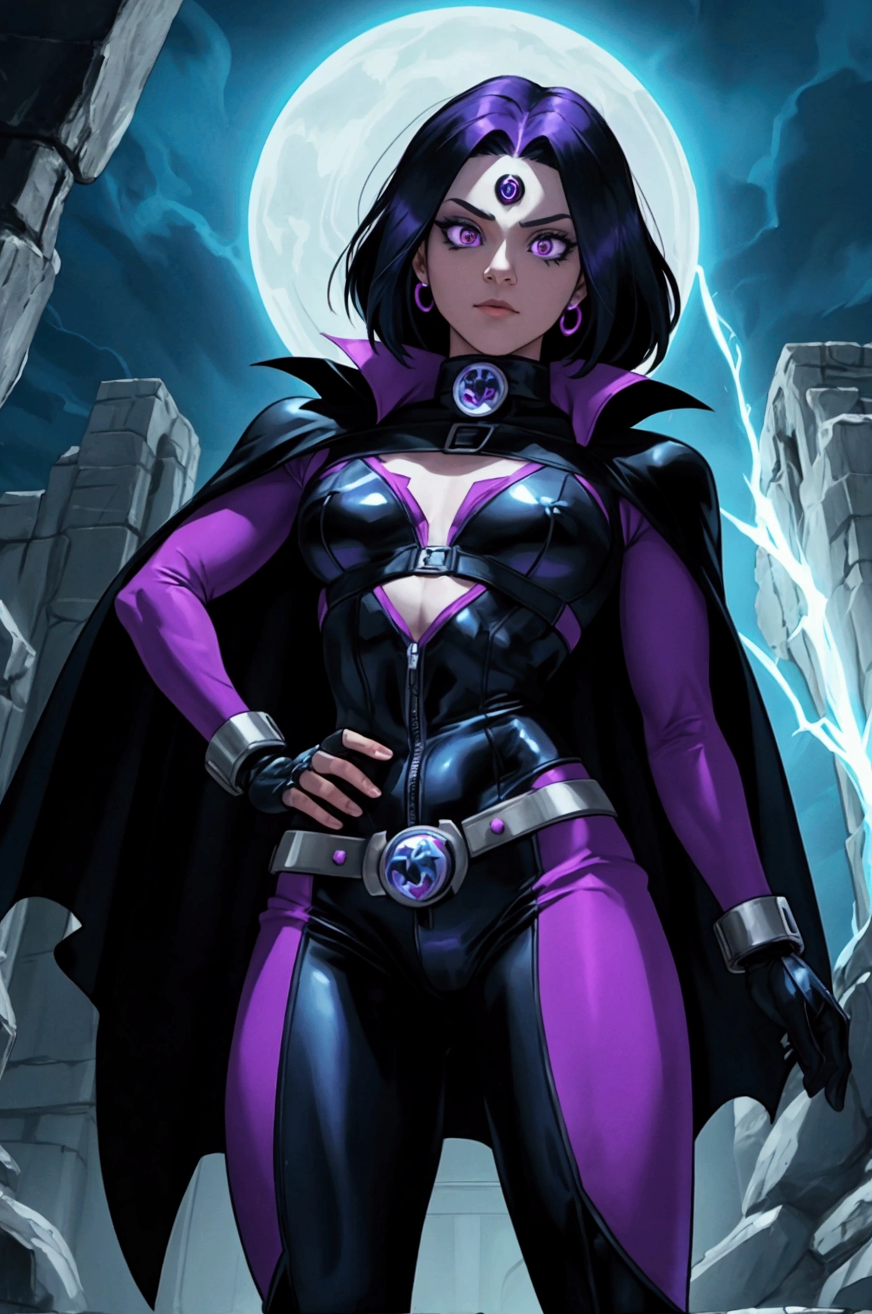 illustration of Raven from DC Comics, 1 girl, Raven, turtleneck, Black leotard, Black cape, hood, purple hair, forehead jeEmel, purple eyes, short hair, Belt, tight skin, standing, cleavage, toned, pose, night , moonlight, ((posing)), movement lines, torso, upper body, portrait, B&Em. contour, in anime tarot card art style, elegant, glamorous, reflection, shine, shading, pantyhose 40 dinier, small