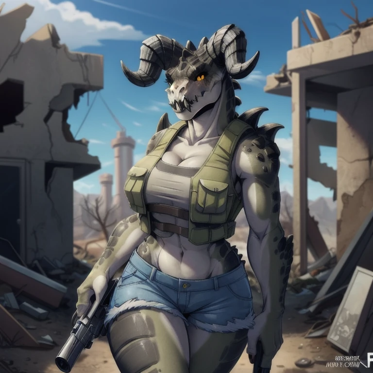 Solo, score_9,score_8_up,score_7_up, source_anime, aegis, kemono style, aegis, Anthro reptile girl, snout, green scaled skin, yellow eyes, black lips, black ram horns, tail, black lips, tall, Anthro deathclaw from fallout, deathclaw girl, (best quality), (4k), bulletproof vest, holding a rusty gun, blue shorts, in a ruined city, looking at viewer, 