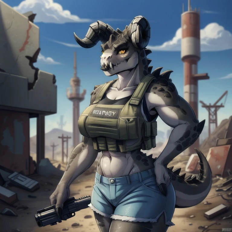 Solo, score_9,score_8_up,score_7_up, source_anime, aegis, kemono style, aegis, Anthro reptile girl, snout, green scaled skin, yellow eyes, black lips, black ram horns, tail, black lips, tall, Anthro deathclaw from fallout, deathclaw girl, (best quality), (4k), bulletproof vest, holding a rusty gun, blue shorts, in a ruined city, looking at viewer, 