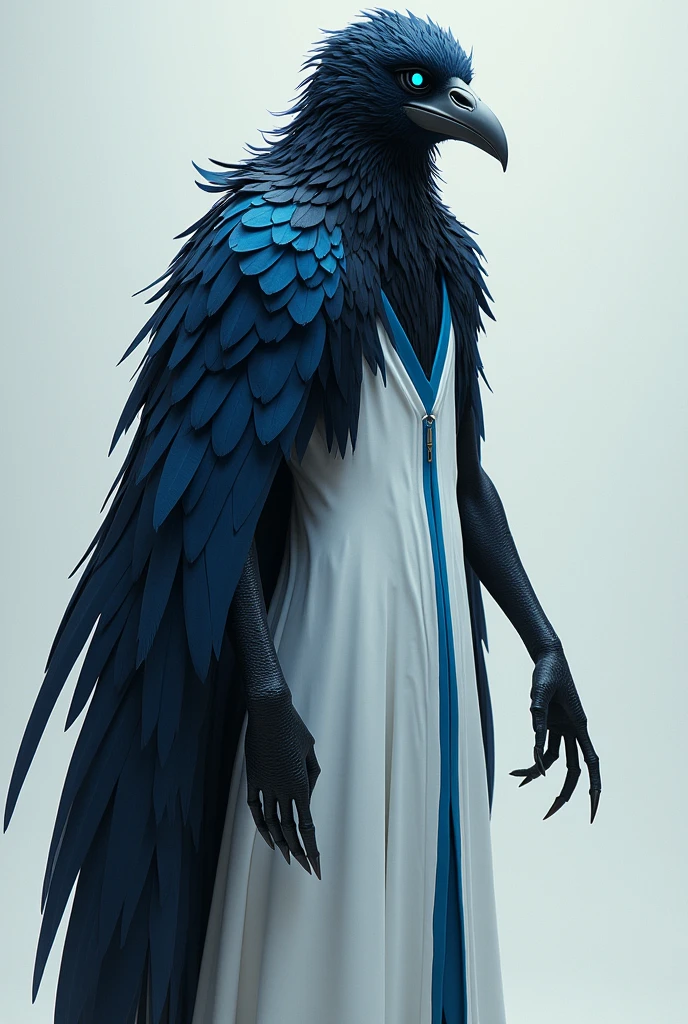 humanoid crow with black feathers and dark blue tips, deep blue eyes, whitish beak, having only the left wing in the same color scheme as its feathers, wearing a kind of long white tunic with blue details, sleeveless and hoodless, long, pointed claws on their hands.