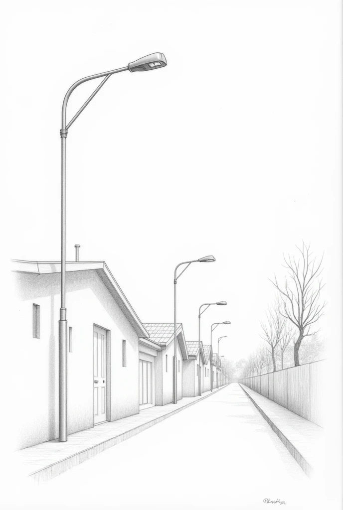 A pencil drawing art of a street project for street lights, just a normal street lights that is easy to draw and make it simple, make the houses small and also simple and the street lights only few