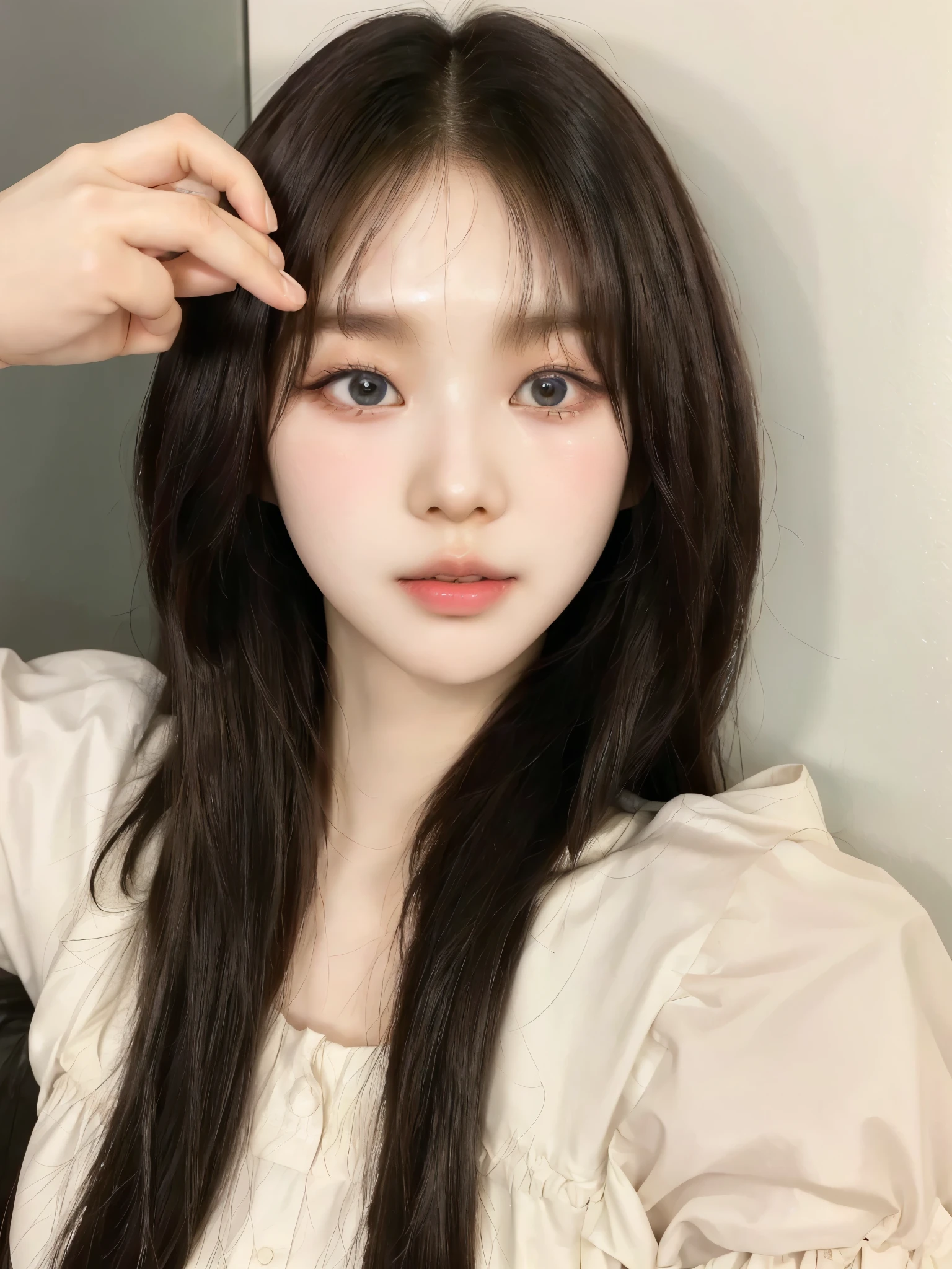 a close up of a woman with long hair and a white shirt, ulzzang, beautiful south korean woman, popular south korean makeup, korean girl, young adorable korean face, jinyoung shin, wan adorable korean face, popular korean makeup, lalisa manobal, beautiful young korean woman, gorgeous young korean woman, korean face features, with round face