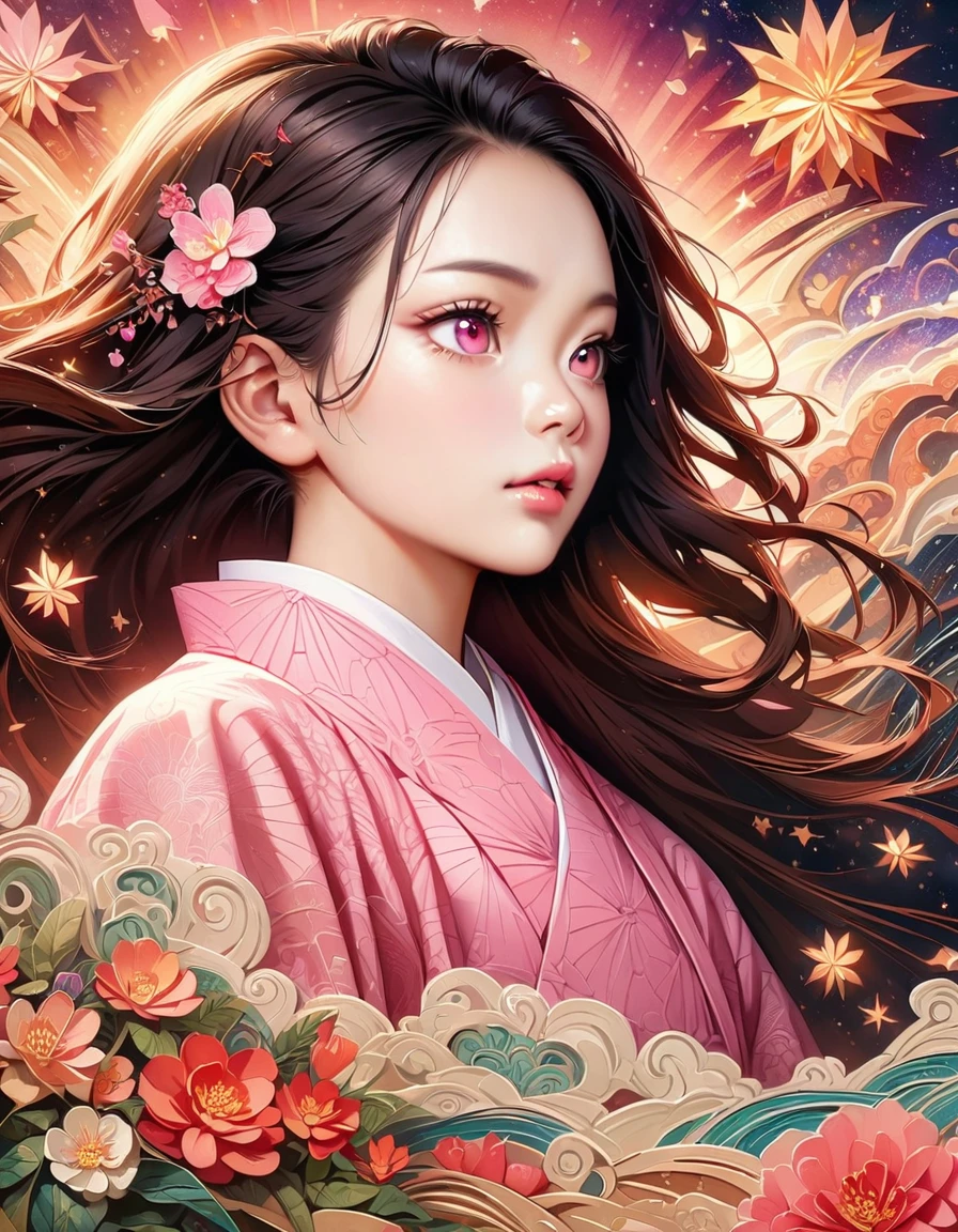 (masterpiece, best quality:1.2), Embossed paper, Solitary,Black LightNezuko from demon slayer. a young woman with long dark hair, (pink eyes), beautiful detailed eyes, beautiful detailed lips, extremely detailed face, longeyelashes, wearing a pink kimono, (best quality,4k,8k,highres,masterpiece:1.2),ultra-detailed,(realistic,photorealistic,photo-realistic:1.37),digital painting,exquisite detail,intricate details,highly detailed,vivid colors,warm lighting,cinematic lighting,dramatic lighting, iridescence, dramatic angle, space, (floating colorful sparkles:1.3), Dramatic Lighting, Chiaroscuro, Evocative Depth, Face Portrait, Close up, ulzzang,
