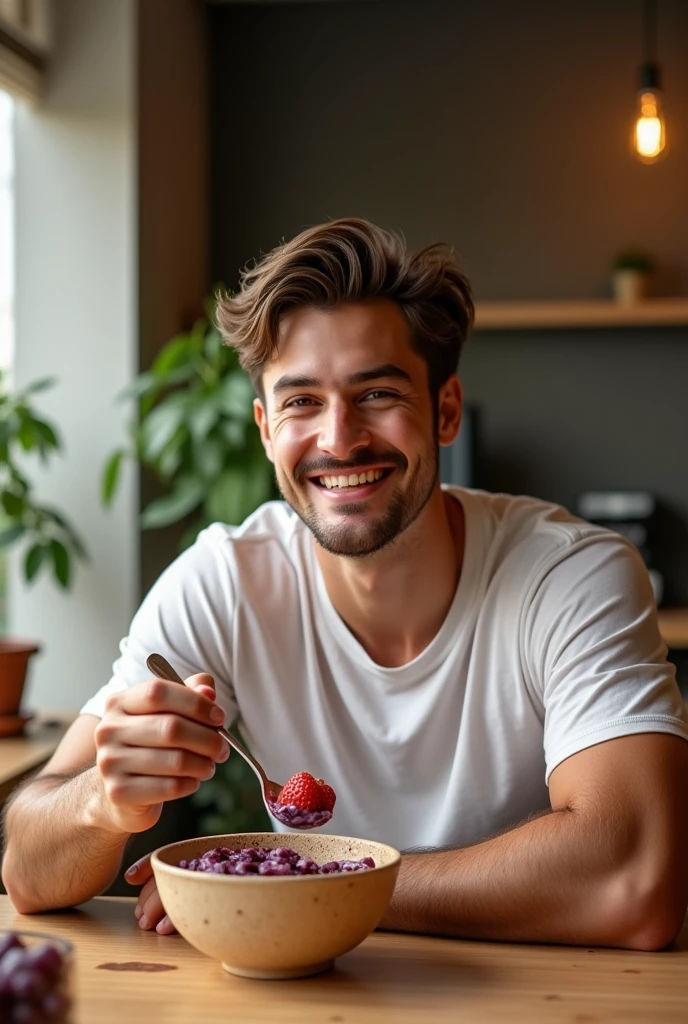 realistic young man, At the acai shop ,eating acai , ultra HD, high qualiy, best qualityer, high resolution 18k