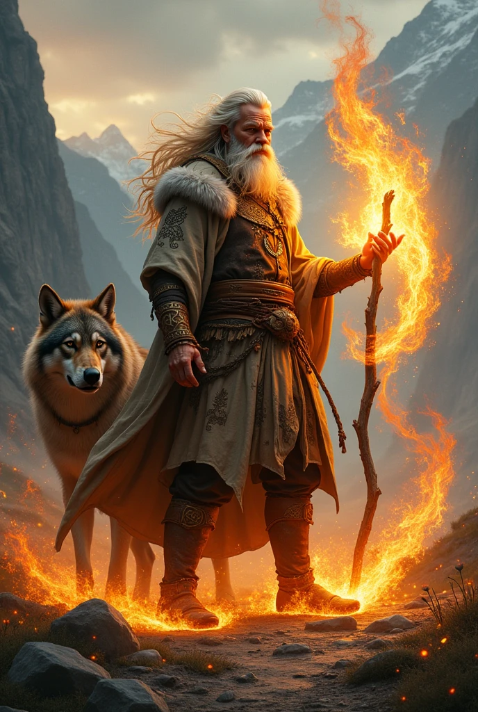 Druide Aasminar homme aux cheveux blond et aux yeux dorées du feu sauvage utilisant du feu avec un chienloup sur le thème viking