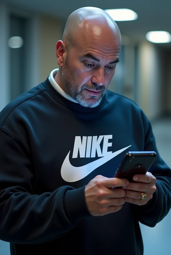 Create a bald Nike sweater that uses its cell phone a lot 
