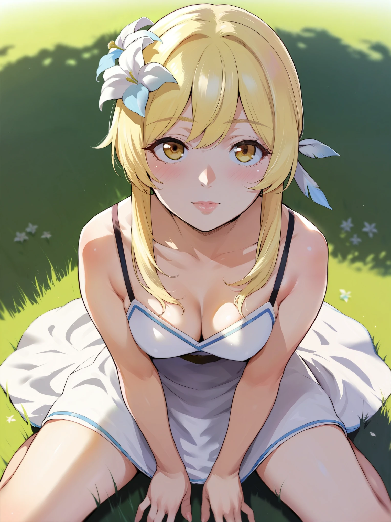 source_anime, rating_explicit, score_9, score_8_up, score_7_up, portrait, outdoors, lumine, sitting, grass, looking up, sitting down on th ground, looking at viewer, spread legs, dress, romance, romantic, ikuchan, high quality, masterpiece