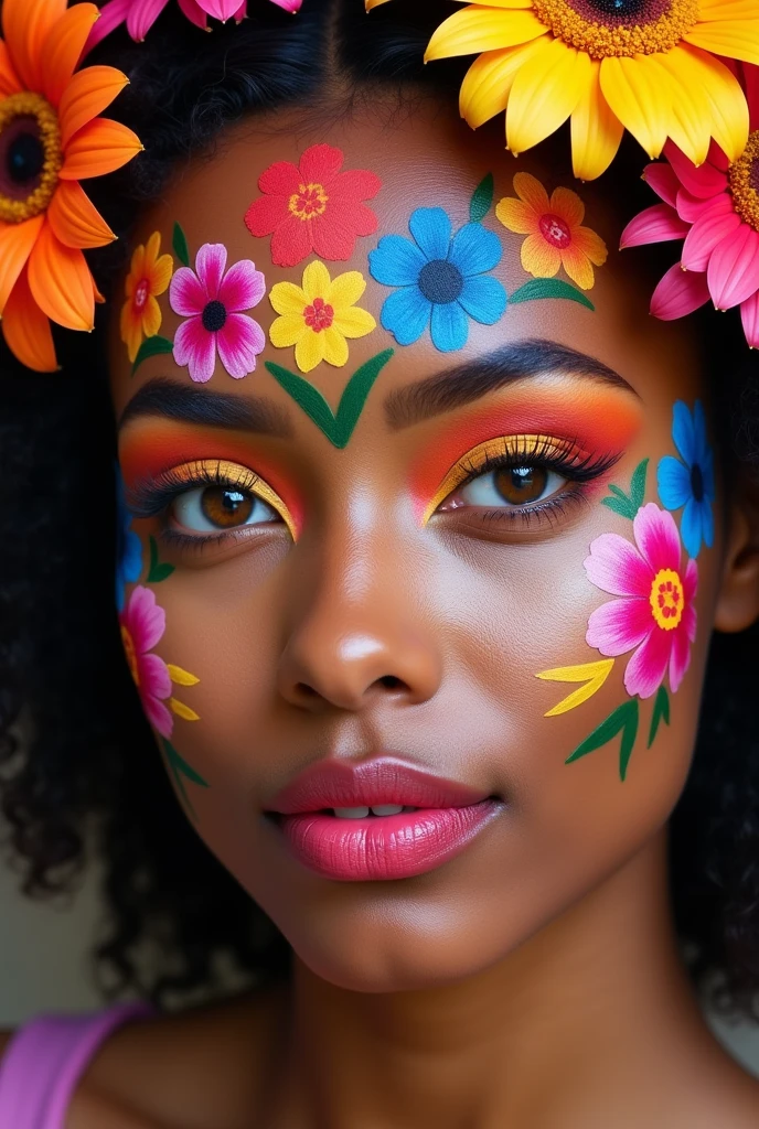 Create facial makeup with flowers, only flashy makeup  ,of colorful flowers made only of makeup   , for light brown skin 