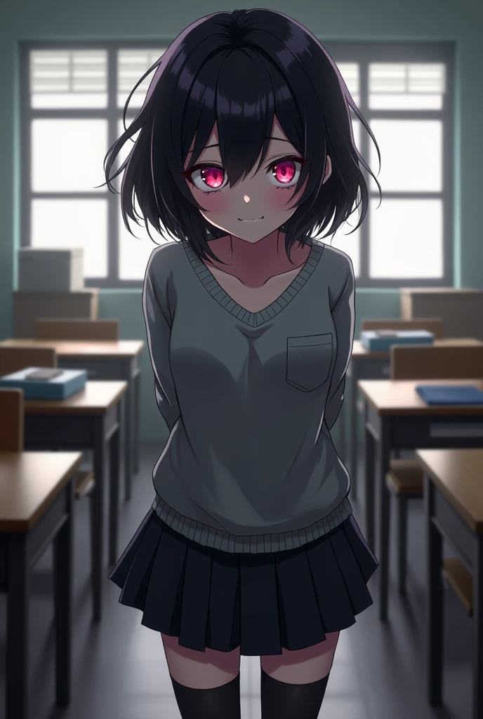 ((Masterpiece)), ((Highress)), ((Ultra HD)), (Anime-style), (One girl), (Standing), (Yandere), (Short and messy hair), (Black hair), (Eye bags under eyes), (Unsettling smile but closed mouth), (Wide eye), (Small pupil), (Small iris), (Pink eyes), (Gray sweater), (Short black skirt), (Both hands behind back), (Black thigh highs), (Classroom background)