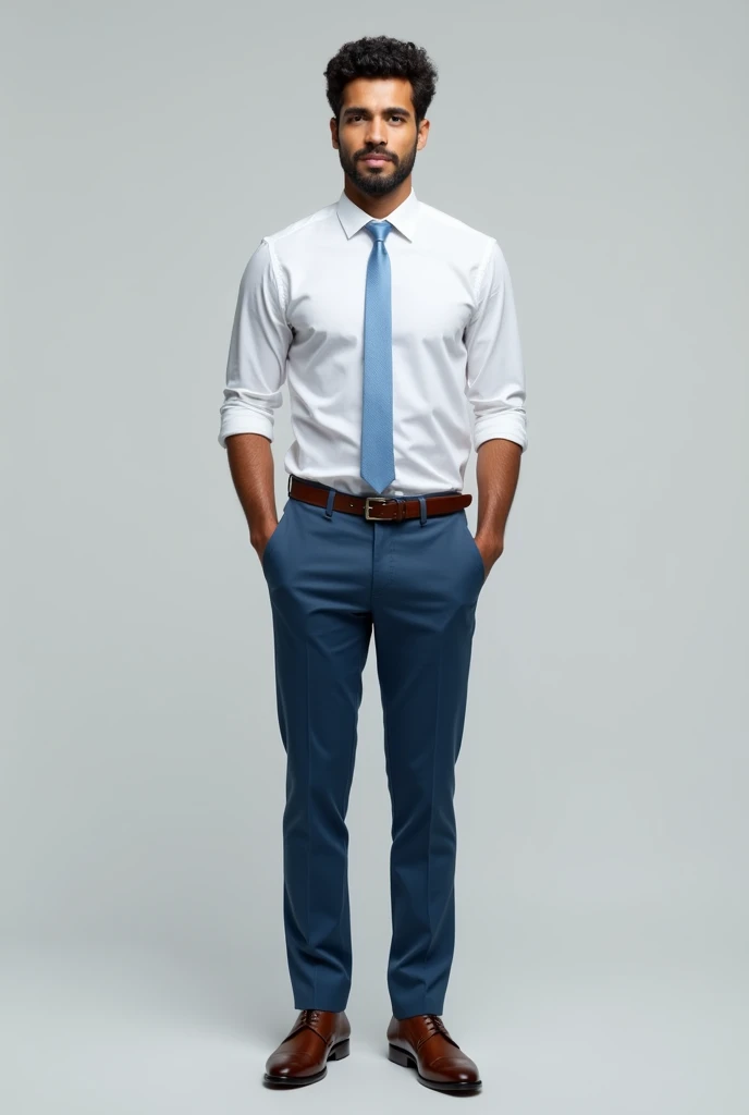 A young Brazilian man in a white dress shirt with a light blue tie and mid-blue dress pants, and brown shoe full body png background