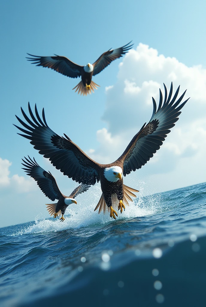 3 eagles fishing in the sea and 1 watching from the sky