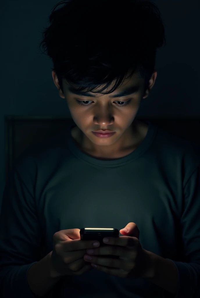 young man using his cell phone in the dark