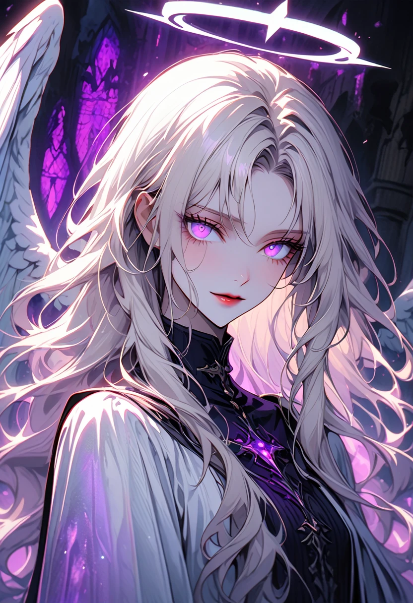 solo, female, close up, ethereal beauty, haunting mystery, celestial being known as a seraph, long hair, platinum blonde hair, wavy hair, shimmering hair, glowing hair, vibrant violet eyes, fair skin, almost translucent skin, elegant, graceful, slender build, commands respect and attention, large feathered wings, delicate wings, iridescent feathers, gentle smile, medieval, dark, divining magic, white glowing halo, fallen angel